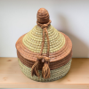 Vintage Small Lidded Senegalese Basket, Ideal for Organizing Small Items in Natural and Leather Trimmed