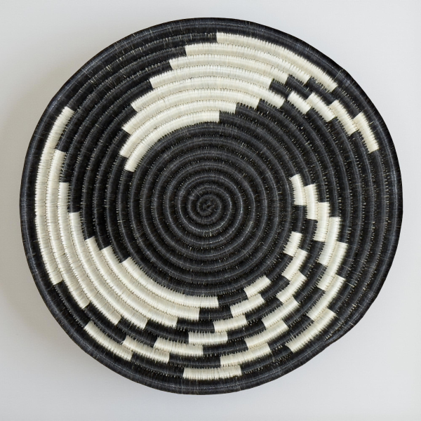 Handwoven Round Sisal basket African Handmade Wall basket decor Hanging decoration Fruit bowl for Home Living room Kitchen Black White Square 12 inches diameter Zen designs arts and crafts