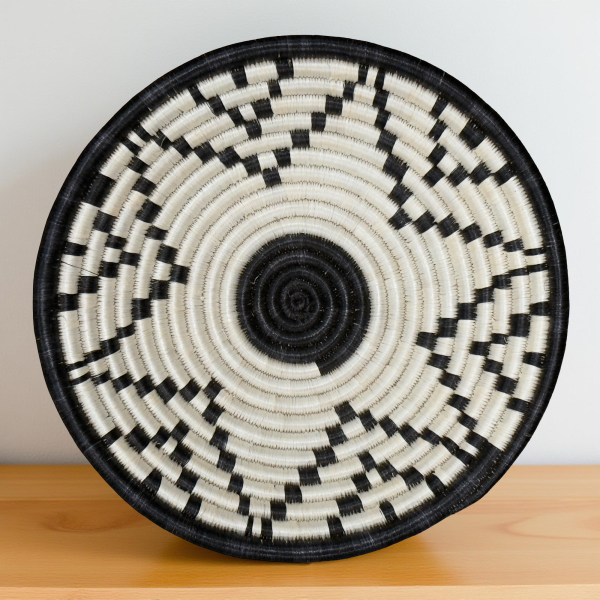 Handwoven Round Sisal basket African Handmade Wall basket decor Hanging decoration Fruit bowl for Home Living room Kitchen Black White Star 12 inches diameter Zen designs arts and crafts - Image 2