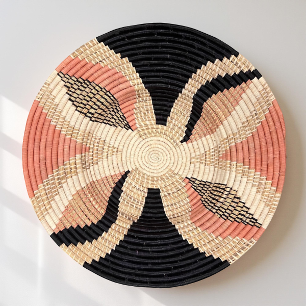 Pink, Black and Natural Raffia Wall Hanging Plate Mat Basket - Various Sizes - Image 2