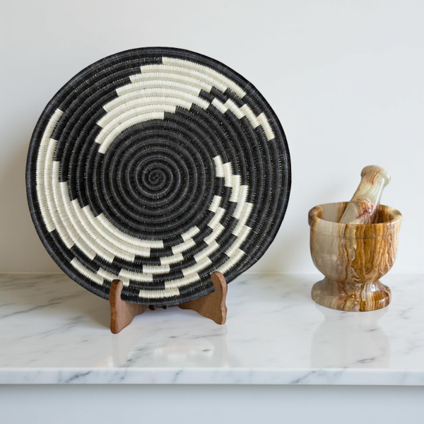 Handwoven Round Sisal basket African Handmade Wall basket decor Hanging decoration Fruit bowl for Home Living room Kitchen Black White Square 12 inches diameter Zen designs arts and crafts - Image 3