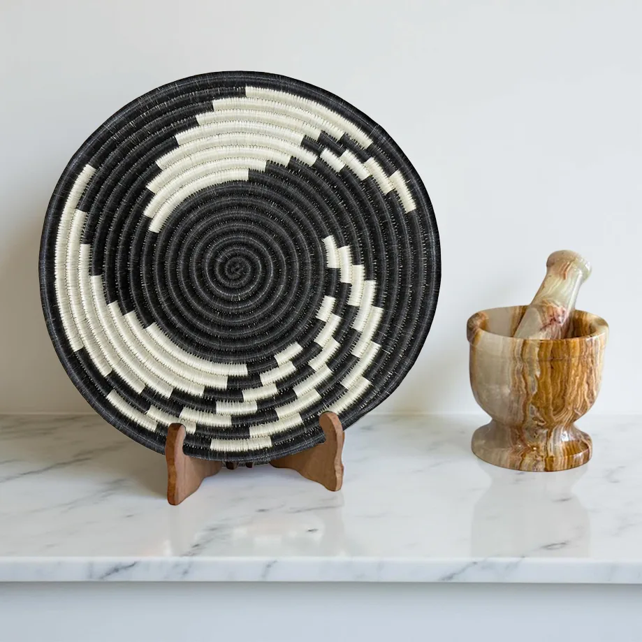 HandwovenAfrican Sisal basket bowl in black, natural swirl - 12 inch diameter