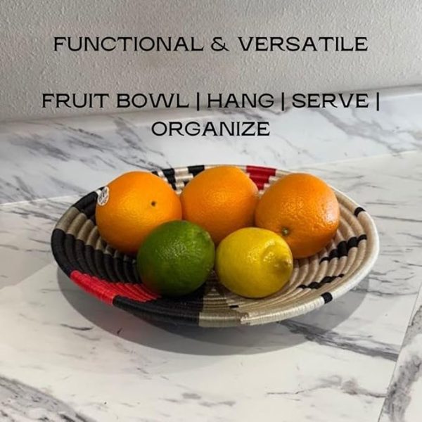 Handwoven Orange, Black, Natural Raffia Bowl - Various Sizes - Image 5