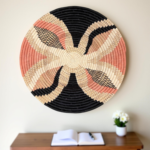 Pink, Black and Natural Raffia Wall Hanging Plate Mat Basket - Various Sizes - Image 3