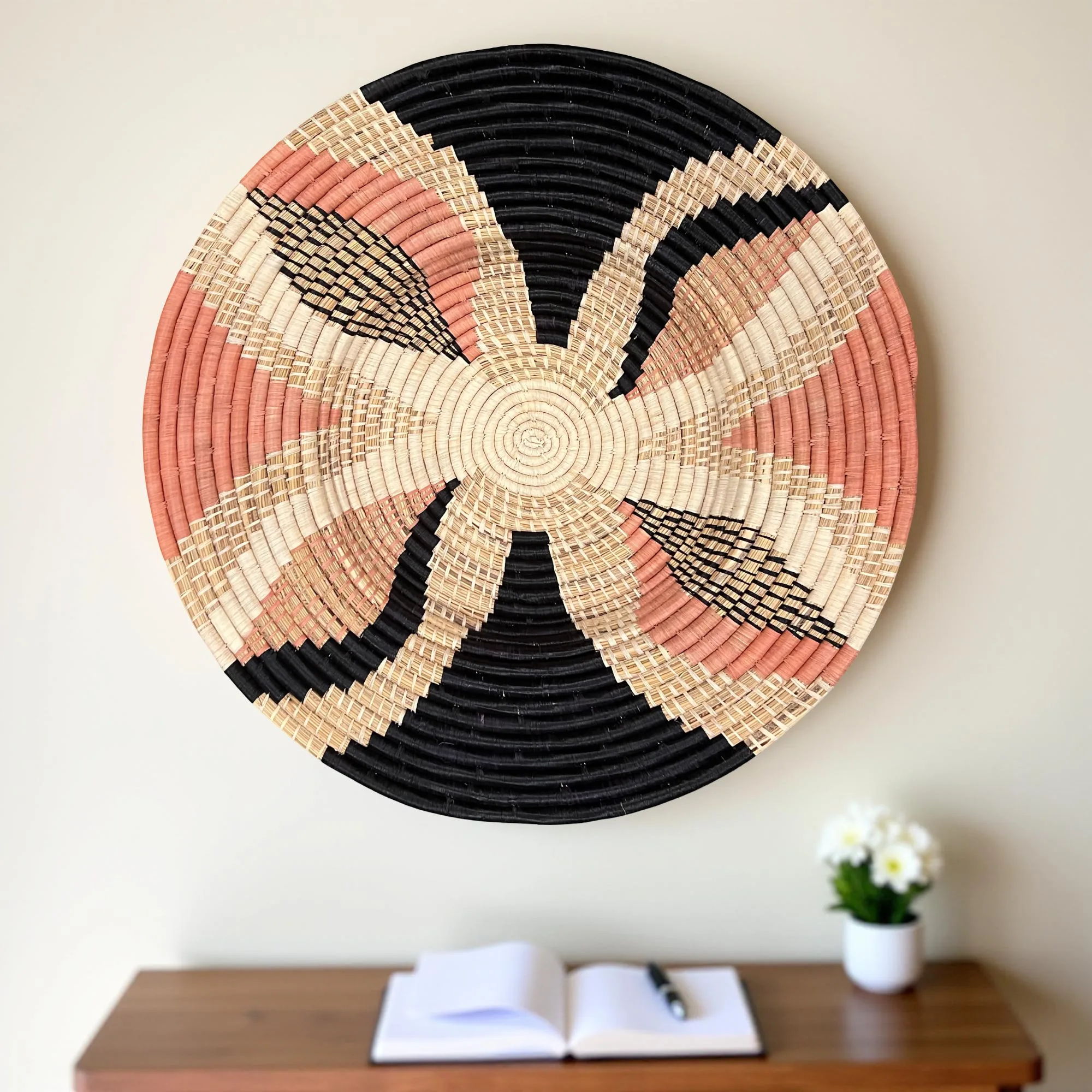 Pink, Black and Natural Raffia Wall Hanging Plate Mat Basket - Various Sizes - Image 3