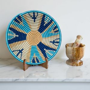 Handwoven Sisal African Basket Bowl in Dark Blue, Tan Teal and Abstract Design