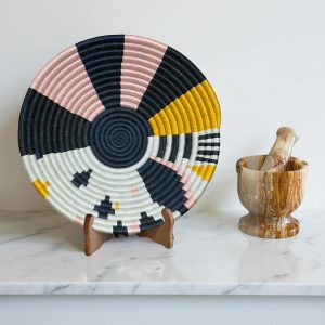 Handwoven Sisal African Basket Bowls in Black, Yellow, Pink Abstract Design - Various Sizes