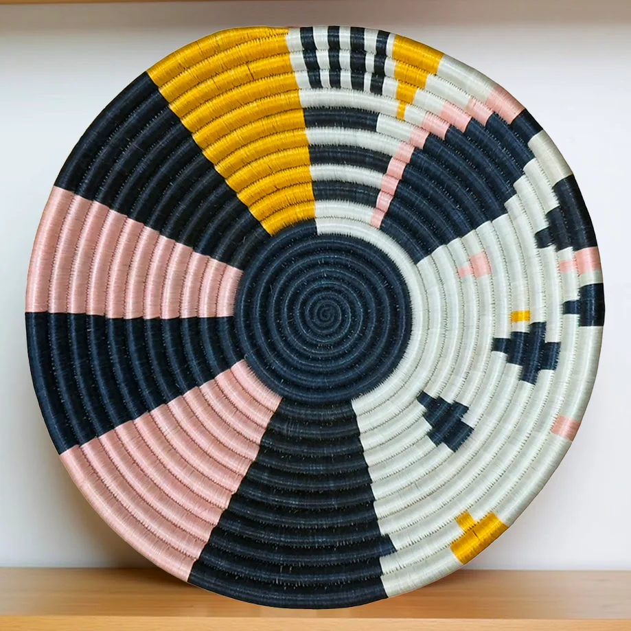 Handwoven Sisal African Basket Bowls in Black, Yellow, Pink Abstract Design - Various Sizes - Image 2