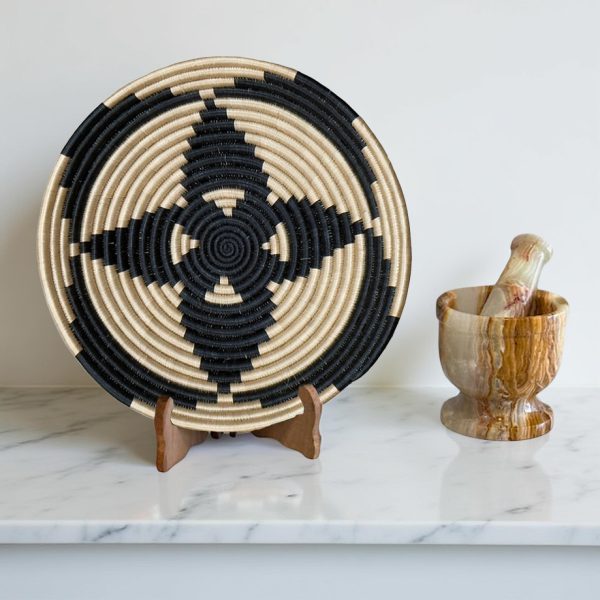 Handwoven Sisal African Basket Bowl in Black,Tan with Floral Design - Various Sizes