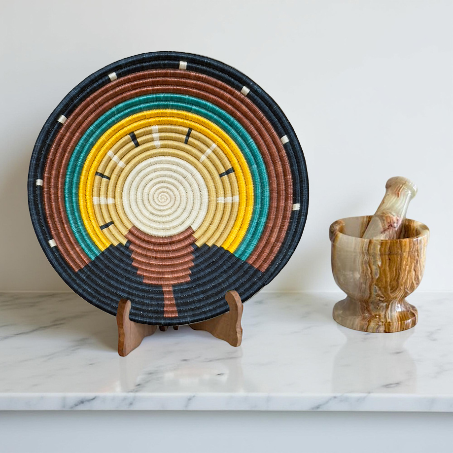 Handwoven Sisal African Basket Bowl in Brown, Blac, Yellow with Abstract Design - Various Sizes