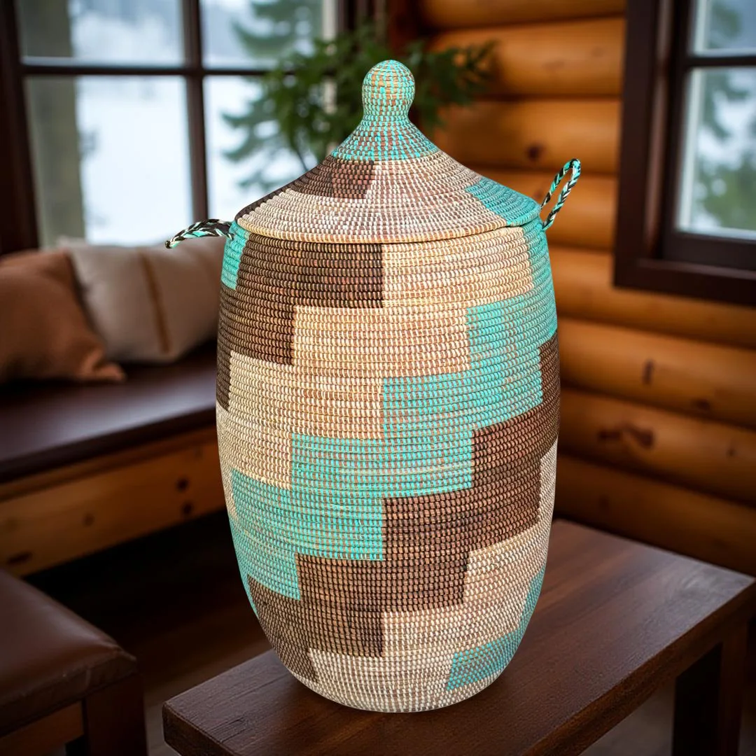 Vibrant Woven Extra-large Senegalese Laundry Hamper Storage Basket in Teal, Brown, White. - Image 8