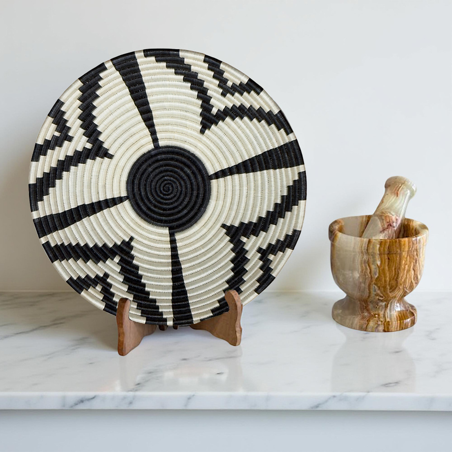 Handwoven Sisal African Basket Bowl in Black, Natural with Floral Design - Various Sizes