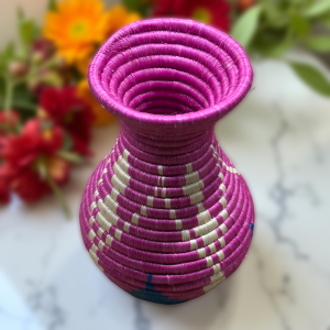 Handmade Sisal Basket Vase in Purple, Blue with White Accent
