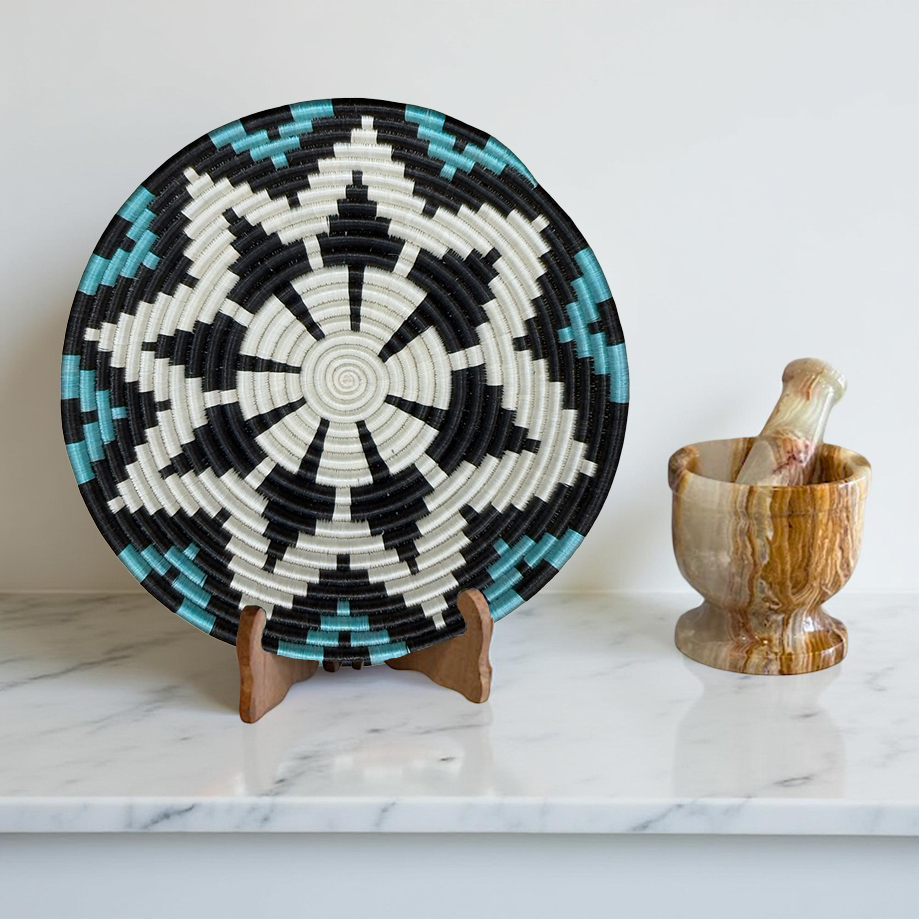 Handwoven Sisal African Basket Bowls in Blue, Black, Natural Floral Designs - Various Sizes