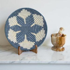 Handwoven Sisal African Basket Bowl in Slate Blue, Natural with Floral Design - Varius Sizes