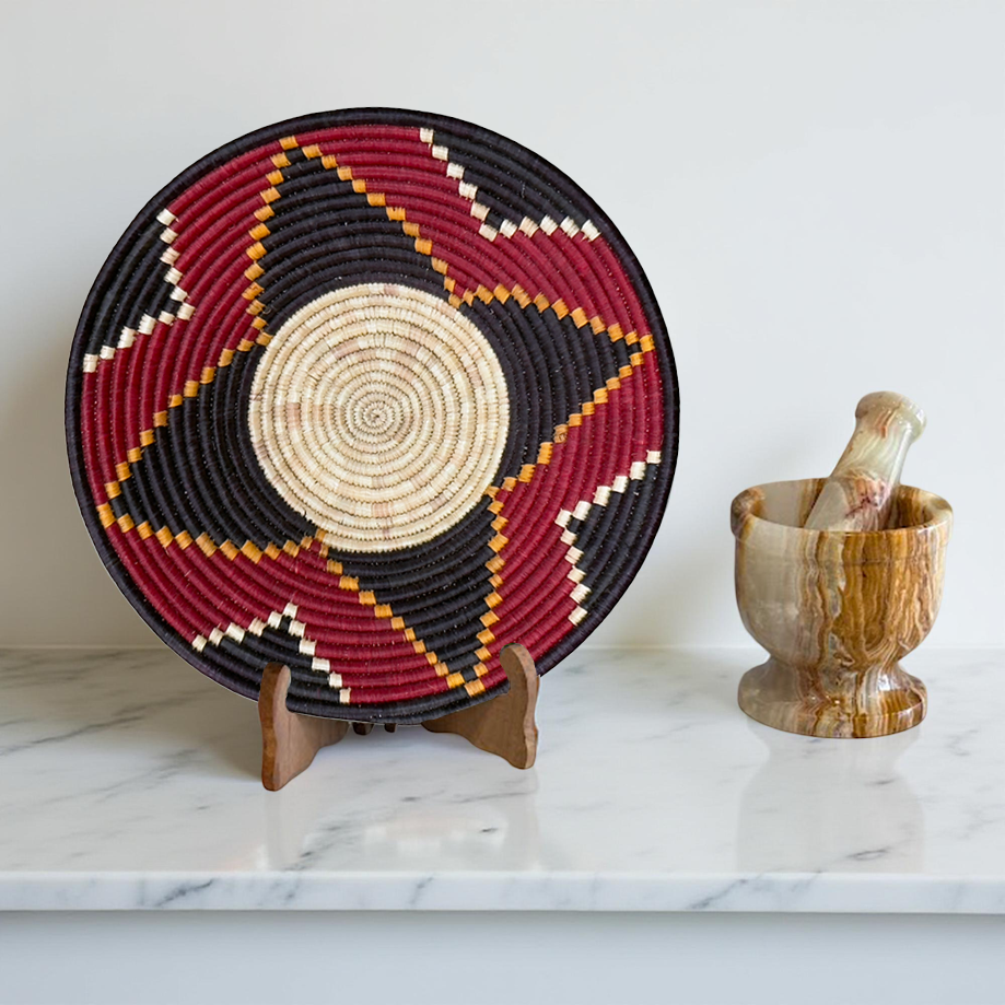 Maroon, Black and Natural Ugandan Toro African Basket Bowl - 12 Inches