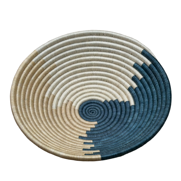 Blue, Tan ans Natural Sisal basket Bowl with Abstract Design - 12 Inches - Image 2
