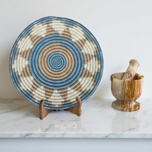 Handwoven Sisal African Basket Bowl in Tan, Blue, Natural with Kaleidoscope Design - Various Sizes
