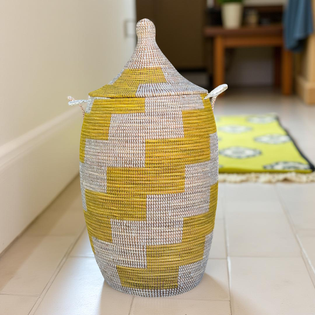 Vibrant Woven Extra-large Senegalese Laundry Hamper Storage Basket in Yellow and White - Image 7