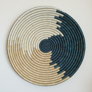 Blue, Tan ans Natural Sisal basket Bowl with Abstract Design - 12 Inches