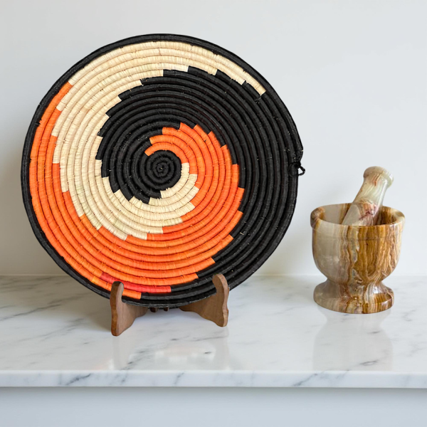 Handwoven Orange, Black, Natural Raffia Bowl - Various Sizes
