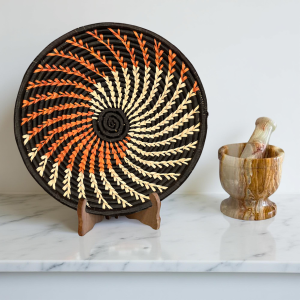 Handwoven Orange, Black, Natural Raffia Bowl - Various Sizes