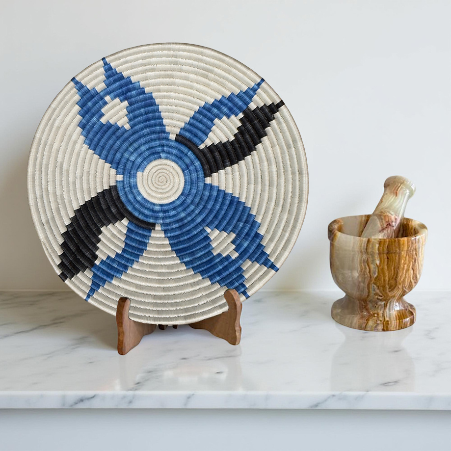 Handwoven Sisal African Basket Bowl in Natural,Blue, Black with Floral Design - Various Sizes