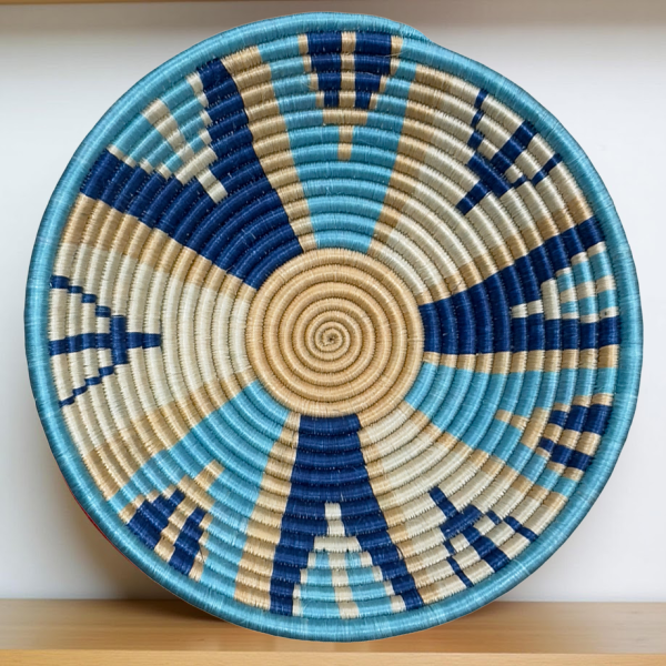 Handwoven Sisal African Basket Bowl in Dark Blue, Tan Teal and Abstract Design - Image 2
