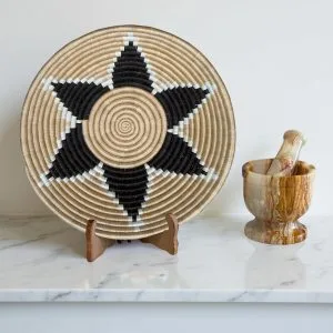 Handwoven Sisal African Basket Bowl in Tan, Black Natural and Floral Design - Various Sizes