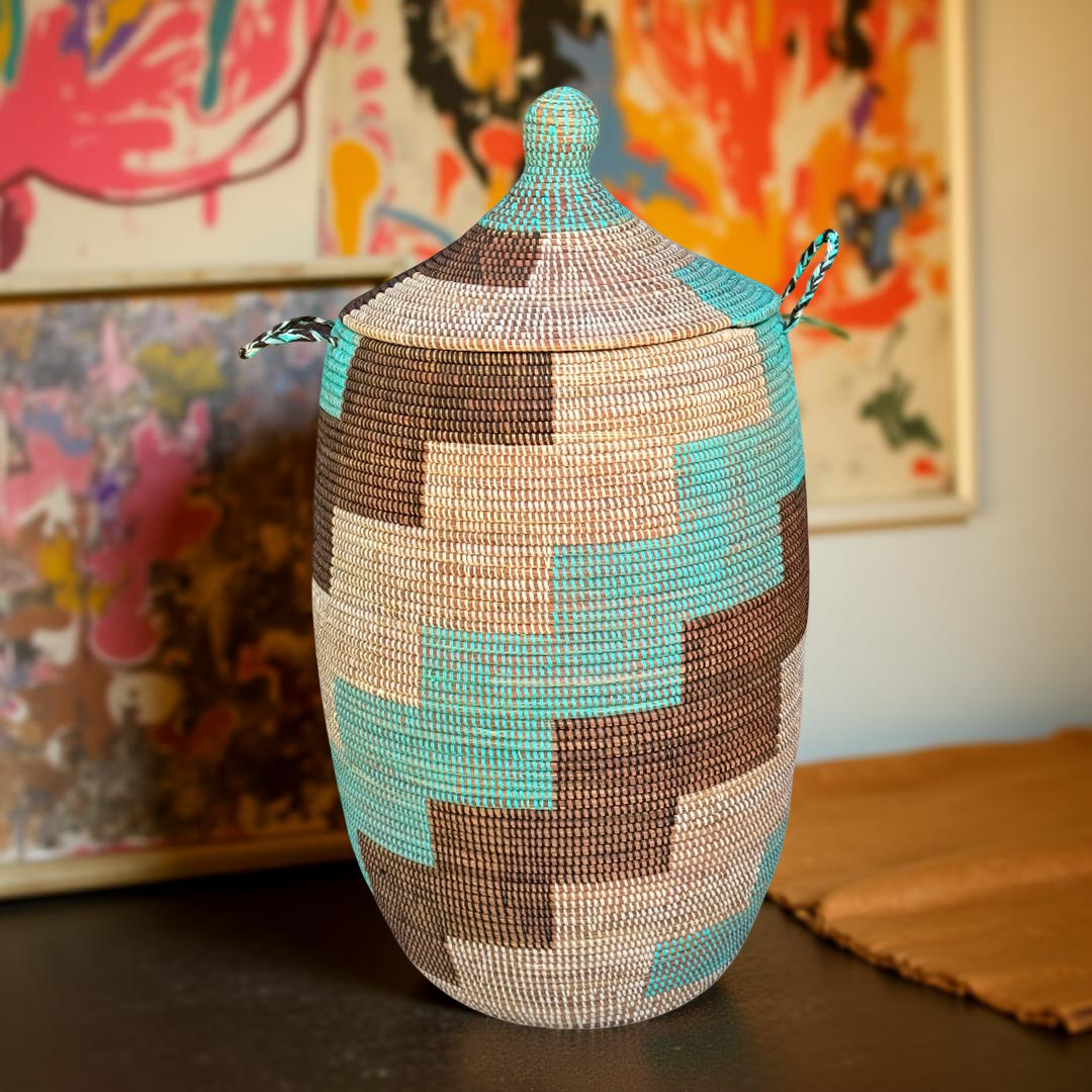Vibrant Woven Extra-large Senegalese Laundry Hamper Storage Basket in Teal, Brown, White. - Image 6