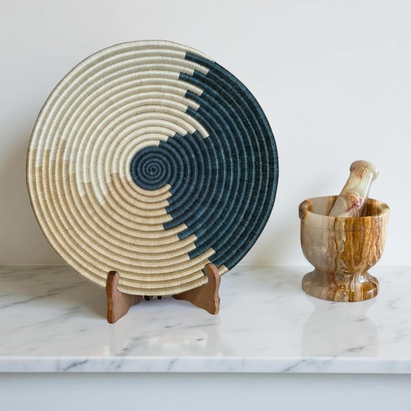 Blue, Tan ans Natural Sisal basket Bowl with Abstract Design - 12 Inches - Image 3