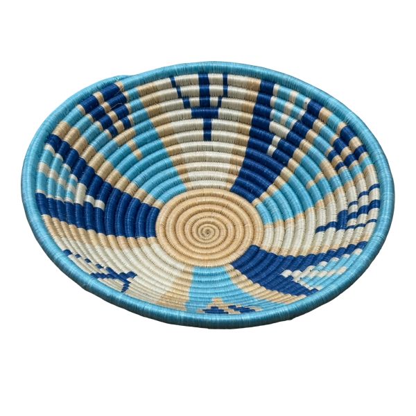 Handwoven Sisal African Basket Bowl in Dark Blue, Tan Teal and Abstract Design - Image 3