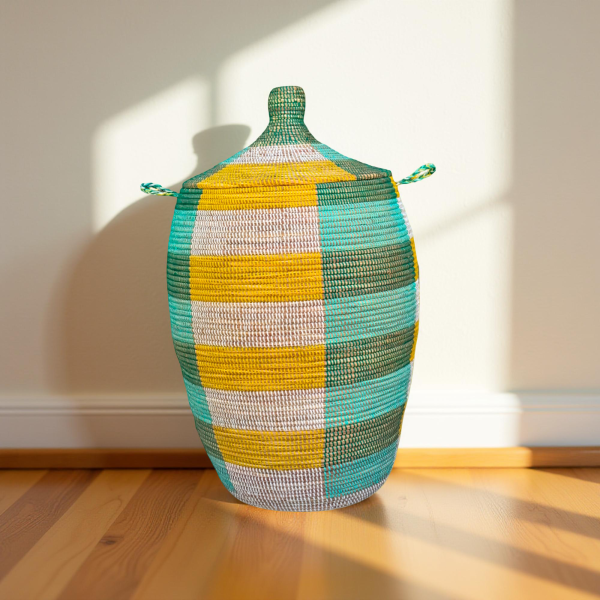 Vibrant Woven Extra-large Senegalese Laundry Hamper Storage Basket with lid in Yellow, Green, White - Image 7