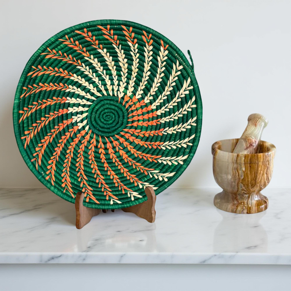 Green, Orange and Natural Raffia Bowl with Swirl Design - 12 Inches