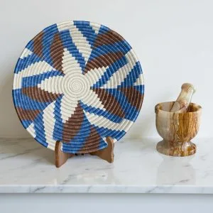 Handwoven Sisal African Basket Bowl in Blue, Brown, Natural with Floral Design - Various Sizes