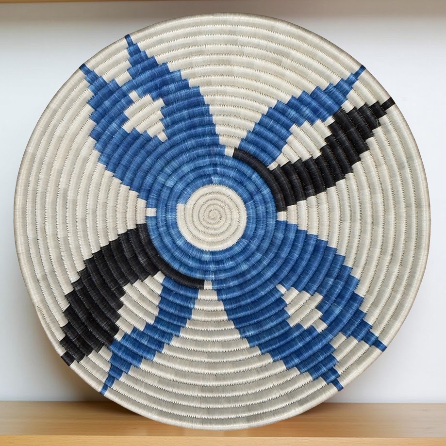 Handwoven Sisal African Basket Bowl in Natural,Blue, Black with Floral Design - Various Sizes - Image 2