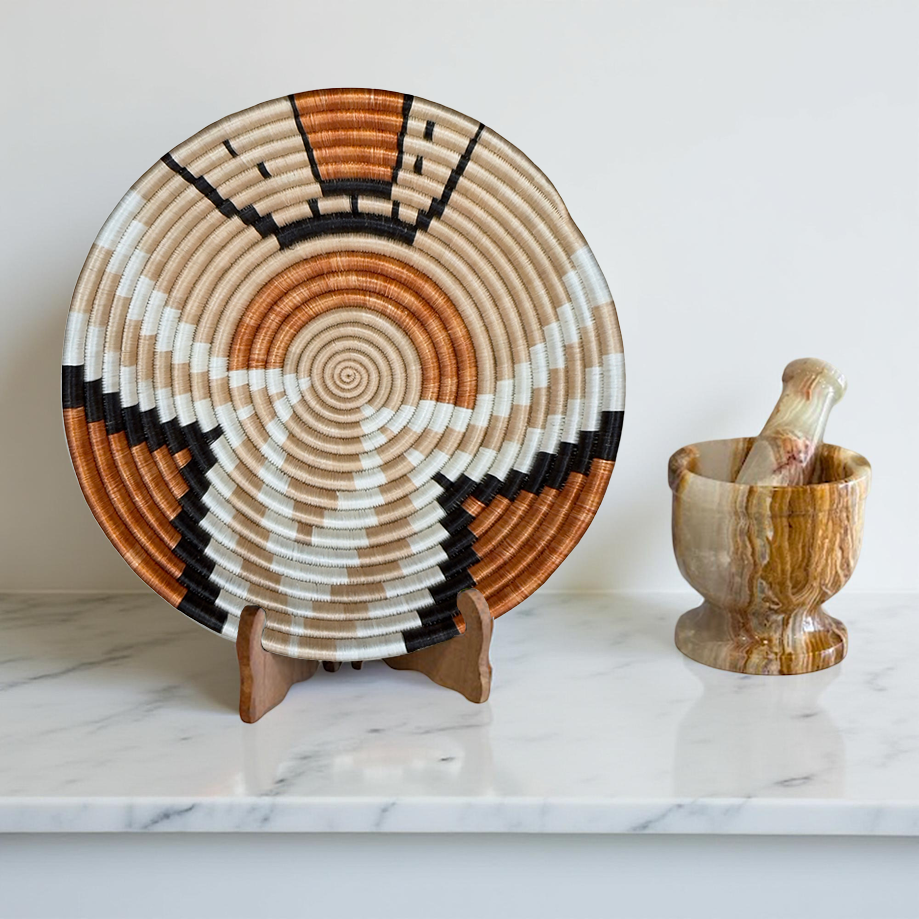 Handwoven Sisal African Basket Bowl in Tan,Teja, Natural, Black with Abstract Design