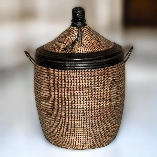 Vintage Woven Large Senegalese Laundry Hamper Storage Basket in Brown and Black with leather Trim - Image 3