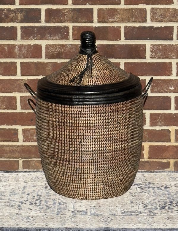 Vintage Woven Large Senegalese Laundry Hamper Storage Basket in Brown and Black with leather Trim - Image 4