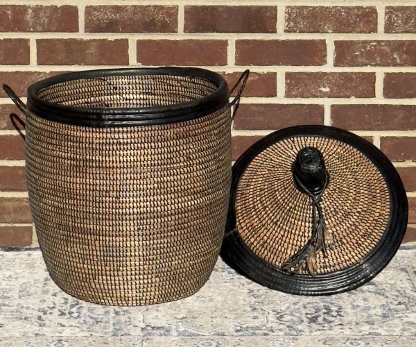 Vintage Woven Large Senegalese Laundry Hamper Storage Basket in Brown and Black with leather Trim - Image 5