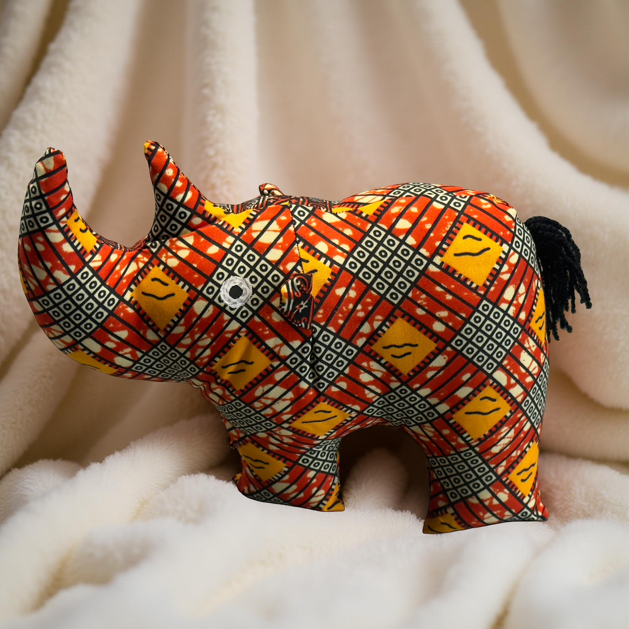 Authentic Kitenge Fabric Rhino | Soft Plush Toy & Vibrant Home Decor Accent - Image 2