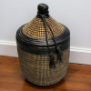 Vintage Woven Senegalese Laundry Hamper Storage Basket in Brown and Black with Leather Trim