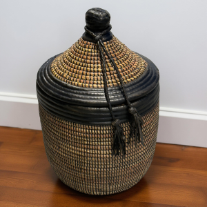 Vintage Woven Senegalese Laundry Hamper Storage Basket in Brown and Black with Leather Trim