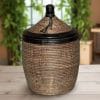 Vintage Woven Large Senegalese Laundry Hamper Storage Basket in Brown and Black with leather Trim