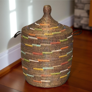 Vibrant Woven Large Lidded Laundry Hamper, Storage Basket with Handle in Brown and Rainbow Colors