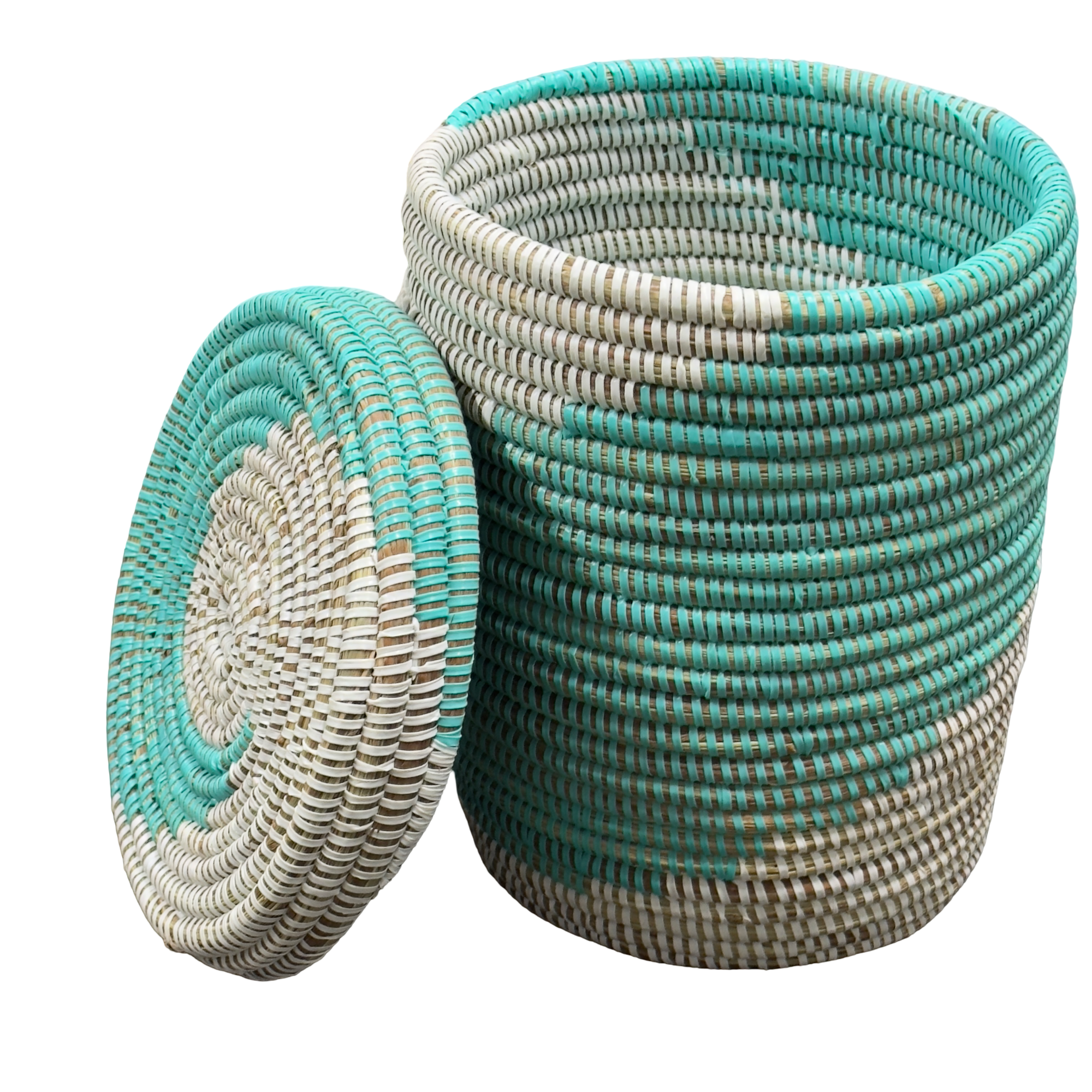 Handwoven,Lidded Senegalese Storage Basket with Handle, Ideal for Organizing Small Items - Image 6