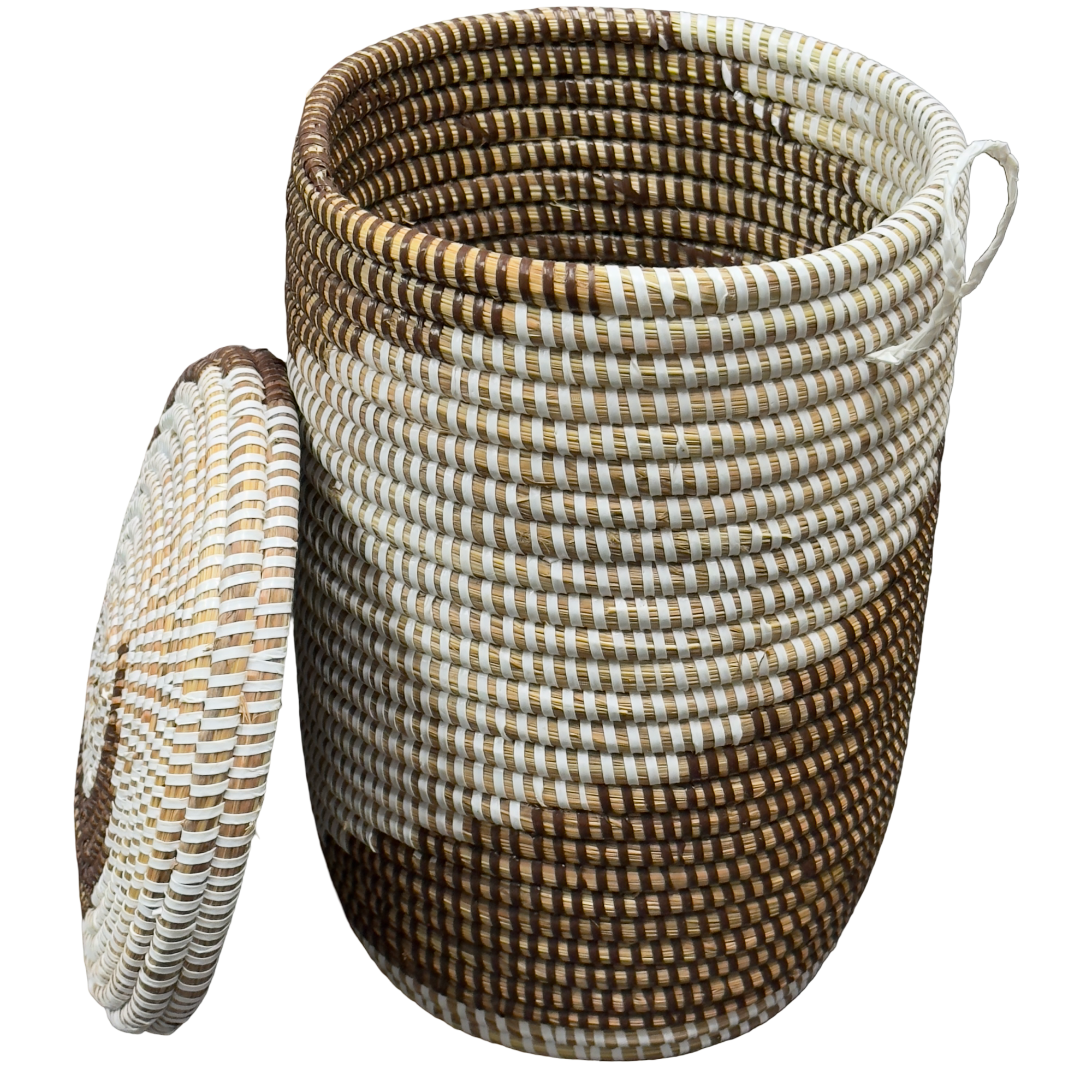 Handwoven,Lidded Senegalese Storage Basket with Handle, Ideal for Organizing Small Items - Image 9