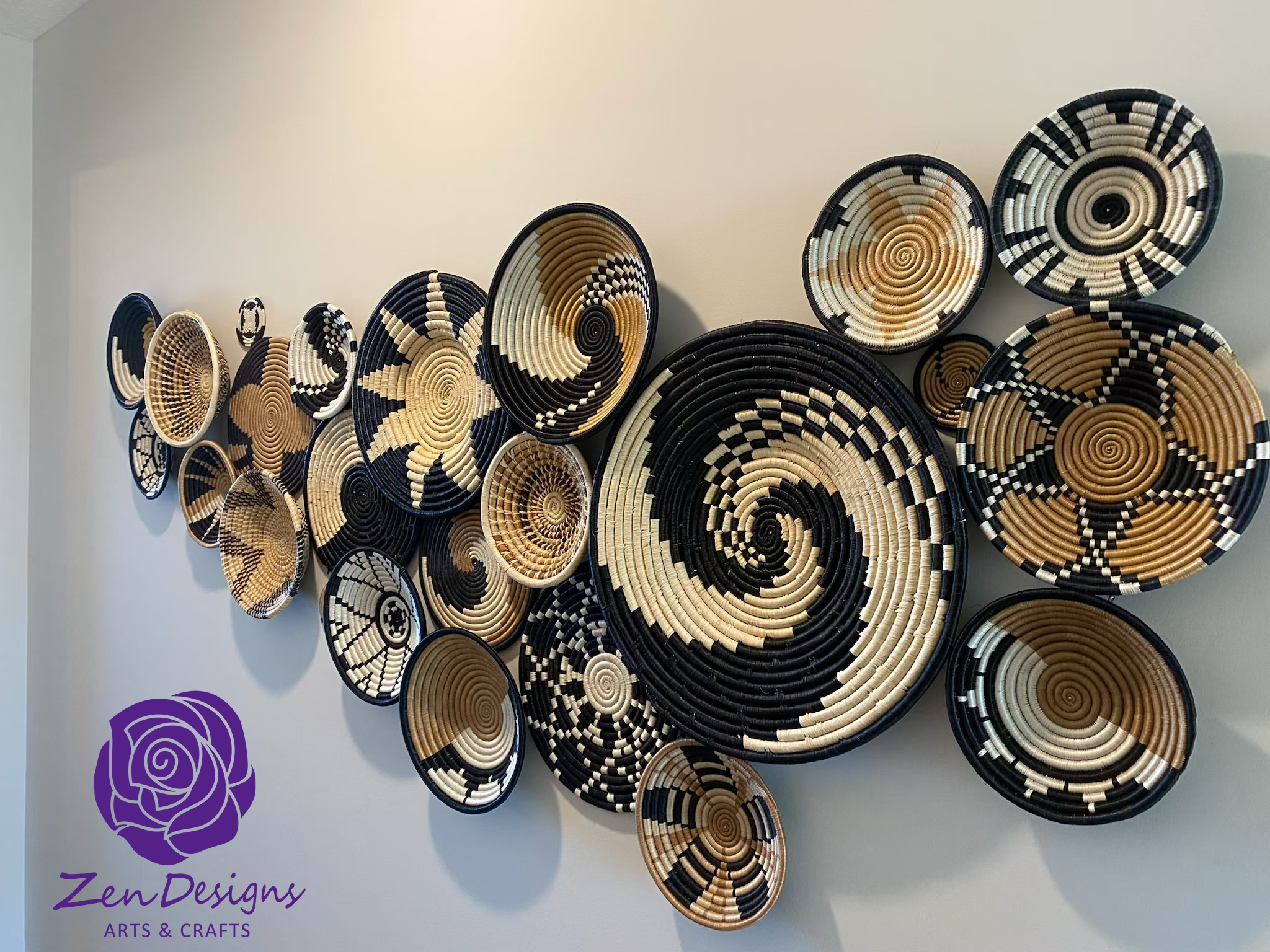 Handwoven Sisal African Basket in White and Black with a Swirl Design - Image 6