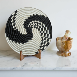 Handwoven Sisal African Basket in White and Black with a Swirl Design