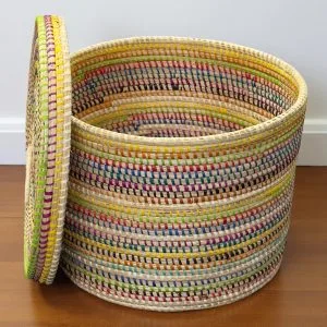 Vintage Handwoven All-Natural Raffia Storage Basket with Lid in Rainbow Colors